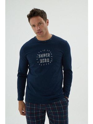Erkek Uzun Kol Desenli Ekose Alt Lacivert Pijama Takımı C1T3N69