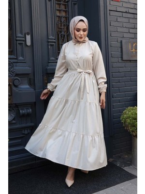 Düğmeli Bej Tesettür Elbise 30391BEJ
