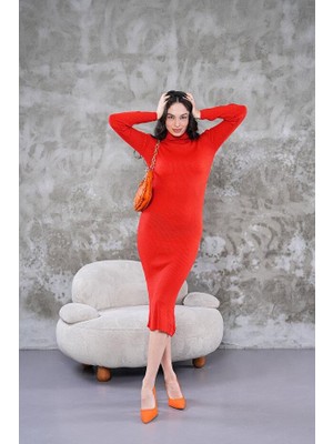 Fitilli Triko Elbise Kırmızı