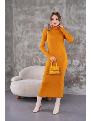 Fitilli Triko Elbise Hardal Sarı