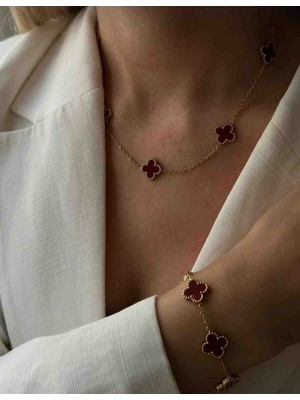 Gold Bordo Kolye Bileklik 2li Çelik Set