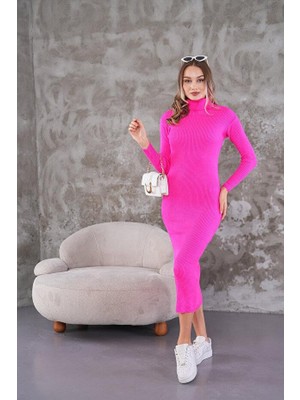 Fitilli Triko Elbise Fuşya Pembe