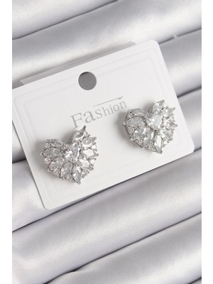 Bfs Pirinç Gümüş Renk Zirkon Taşlı Kalp Model Kadın Küpe