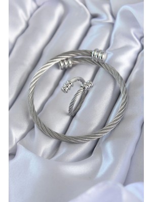 Bfs 316L Çelik Gümüş Renk Sarmal Model Erkek Bileklik Yüzük Kombini