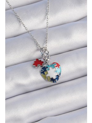 Bfs 316L Çelik Gümüş Renk Yapboz Motif Kalp Figür Charm Model Kadın Kolye