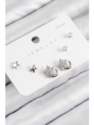 Bfs Pirinç Zirkon Taşlı Yıldız Model Gümüş Renk 925 Ayar Gümüş Çivi Kadın Küpe Set