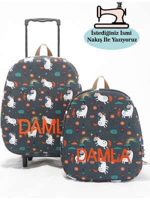 Kişiye Özel Isimli Çekçekli Çanta ve Sırt Çantası Anaokulu/kreş Seti (2'li Set) Unicorn ve Donat 2-5yaş