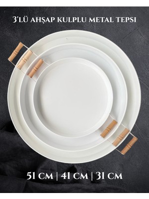 3'lü (51, 41, 31 Cm) Ahşap Kulplu Metal Tepsi | Çay Tepsisi | Kahve Tepsisi | Sunum Tepsi Seti