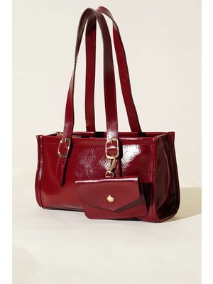 Kadın Bordo Cüzdan Detaylı Parlak Yumuşak Deri Kaliteli Şık Fermuar Kapama El ve Omuz Çantası