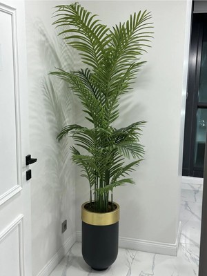Iremçiçekçilik 210 cm 18 Yaprak Siyah Gold Metal Darbuka Saksıda Areka Yapay Ağaç Yapay Çiçek Salon Bitkisi Köşe Çiçeği