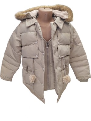 Kız Çocuk Önü Fermuarlı ve Çıt Çıtlı Ponpon Detaylı Çıkarılabilir Tüylü Kapüşonlu Peluş Astarlı Mont 3018