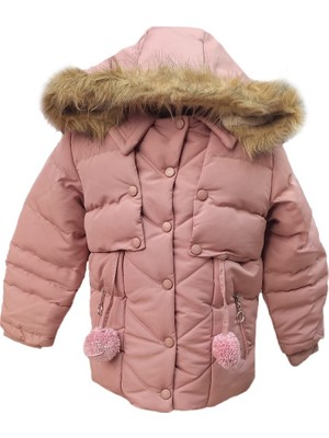 Kız Çocuk Önü Fermuarlı ve Çıt Çıtlı Ponpon Detaylı Çıkarılabilir Tüylü Kapüşonlu Peluş Astarlı Mont 3018