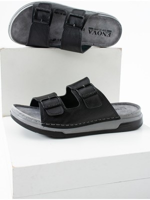 Birrbazaar Erkek Ortopedik Çift Monta Taban Ayarlı Tokalı Dikişli Şık Ev Dışarı Deri(Suni) Terlik