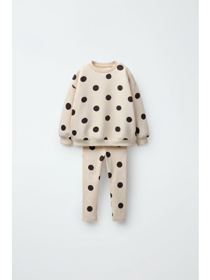 Kız Çocuk Pamuklu Bej Puantiye Desenli Sweatshirt Tayt Alt-Üst Takım