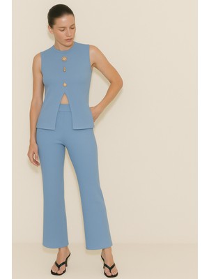 Bisiklet Yaka Gold Düğmeli Ottoman Bluz ve Regular pantolon Takım