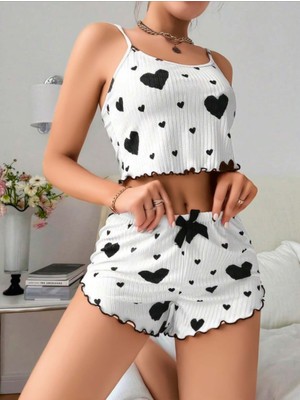Lily Bianca Kalp Desenli Ince Askılı Penye Şort Takım-Beyaz