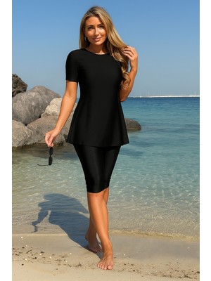 Dizaltı Taytlı Kısa kollu Tankini Mayo boneli Bikini Takımı