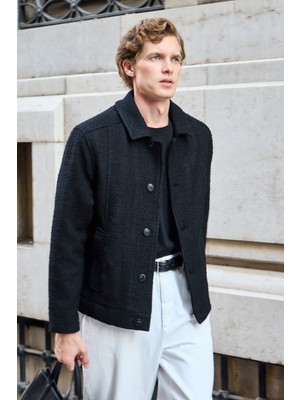 Erkek Tasarım Kumaş Teknik Mont Ceket Siyah