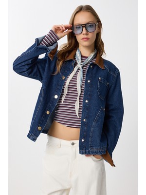 Kadife Yaka Denim Ceket LRW0003 Koyu Mavi