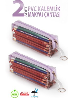 Bybag 2 Adet Pvc Kalemlik Fermuarlı Şeffaf Makyaj Çantası Kalem Kutusu Mor Lila