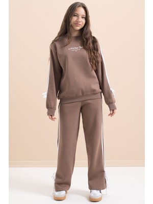 Kahverengi Kız Çocuk Şerit Detaylı 3 Iplik Şardonlu Takım 21515