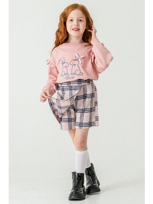Pembe Kız Çocuk Tavşan Nakışlı Ekose Desenli Şort Etekli 2'li Takım 21537