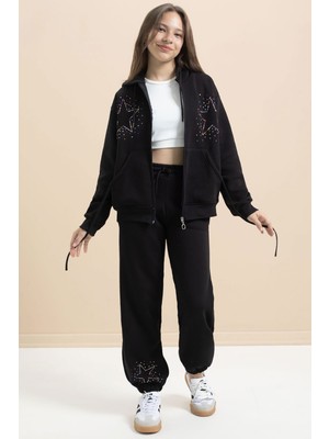 Siyah Kız Çocuk Şardonlu Boncuk Işlemeli 2li Takım 21414