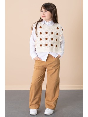 Kahve Puantiyeli Süveterli Pantolonlu Kız Çocuk Gömlekli 3lü Takım 20684