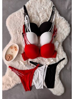 Love Angesls Kadın Taşlı Dolgulu Destekli Sütyen Külot Takım Iç Çamaşırı Takımı 3'lü Set