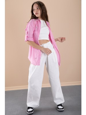 Pembe Kız Çocuk Croplu Taşlı Gömlek ve Pantolonlu 3'lü Takım 20470
