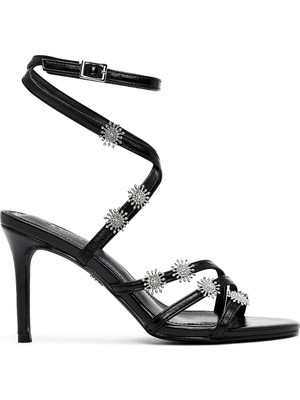 Derimod Kadın Siyah Bilekten Tokalı Taşlı Metalik İnce Topuklu Sandalet 25SFE482032