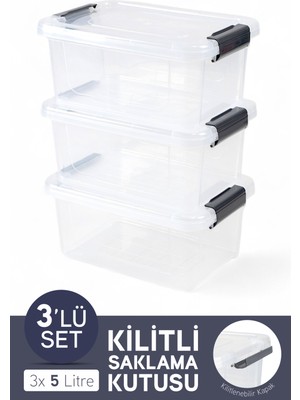 3'lü Saklama Kabı Yatay Dikdörtgen Kilitli Kapaklı Çok Amaçlı Oyuncak Saklama Kutusu 5 Litre