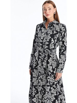 Lcwaıkıkı Classic Siyah Çiçekli Uzun Kollu Kadın Gömlek Elbise