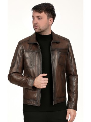 Derije Hakiki Deri Erkek Kestane Renk Slim Fit Ceket Rüzgar Geçirmez Özellikli