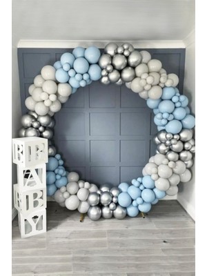 Krom Gümüş Pastel Duman Fırtına Mavisi Balon 60 Adet Zincir ve Pompa