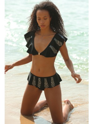 Siyah Volanlı Taşlı Bikini Takım Db20004bt