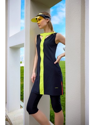 Siyah Yarı Kapalı Mayo Gizli Fermuar, Yan Yırtmaç, UPF50+ Koruma H2502-1