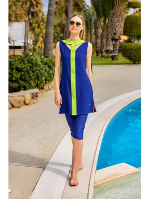 Lacivert Yarı Kapalı Mayo Gizli Fermuar, Yan Yırtmaç, UPF50+ Koruma H2502-2