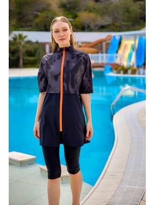 Siyah Yarı Kapalı Mayo Hakim Yaka, Su Itici Kumaş, UPF50+ Koruma H2501