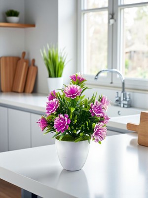 Yapay Çiçek Masa Üstü Dekor 18 cm Dekoratif Masa Süsü Plastik Saksıda Küçük Yapay Çiçek Ev Süsleri