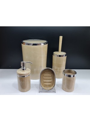 5 Parça Akrilik Yuvarlak Banyo Seti, Krem Mermer, Gümüş Kromaj, Şık ve Kullanışlı