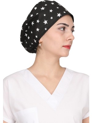 Siyah Yıldız Desenli Doktor Hemşire Aşçı Bonesi Unisex