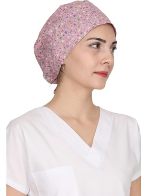 Pudra Pembe Mini Çiçek Desenli Doktor Hemşire Aşçı Bonesi Unisex Cerrahi Bone