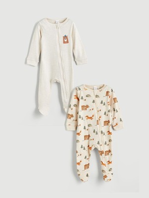 LC Waikiki Bisiklet Yaka Erkek Bebek Tulum 2'li Ekru Renkli Pamuklu Model 1-2 Yaş İçin Tasarlanmış (W5)