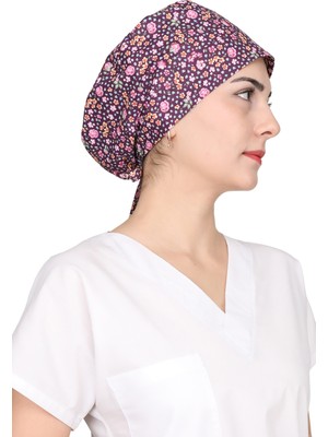 Mor Mini Çiçek Desenli Hemşire Bonesi Unisex Cerrahi Bone
