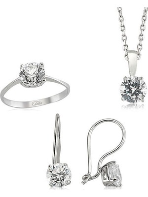 Tek Taş 925 Ayar Gümüş Kadın Set