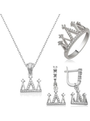 Kraliçe Tacı Zirkon Taş 925 Ayar Gümüş Kadın Set