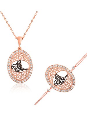 Osmanlı Tugrası  Zirkon Taş 925 Ayar Gümüş Kadın Set