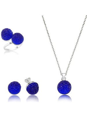 Kristal Taşlı Mavi 925 Ayar Gümüş Kadın Set