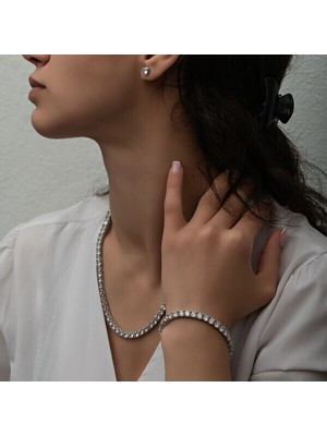 Beyaz Taşlı 3 mm Su Yolu 925 Ayar Gümüş Kadın Set